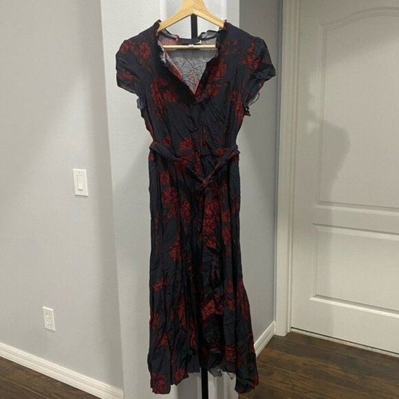 Marissa Webb Collective Navy Blue Red Floral Shirtdress Size 10 Midi Belted - Picture 1 of 5